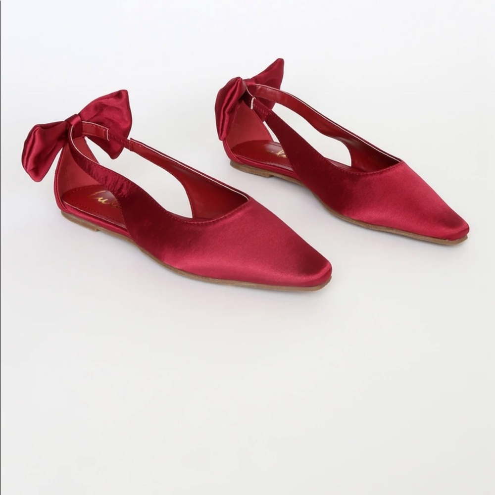 Lulus Velma wine satin square toe bow back flats-